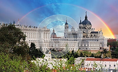 Madrid, Almudena Cathedral wtih rainbow, Spain Stock Photo