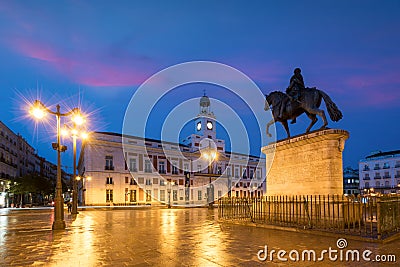 Madrid cityscape at night. Landscape of Puerta del Sol square Km Editorial Stock Photo