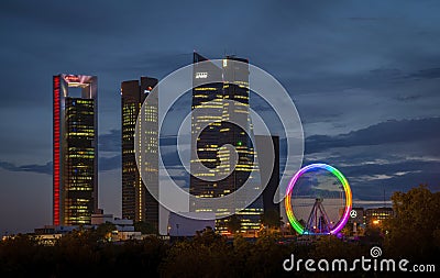 Madrid four towers with illuminated ferris wheel Editorial Stock Photo