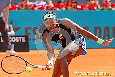 Madrid, Spain- April 29,2023: Tennis match between Paula Badosa and Coco Gauff at the Mutua Madrid Open in Madrid. Editorial Stock Photo