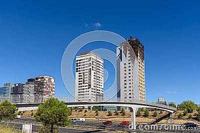 Fire damaged apartment skyscraper in Madrid, Ambar Tower. Editorial Stock Photo