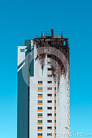 Fire damaged apartment skyscraper in Madrid, Ambar Tower. Editorial Stock Photo