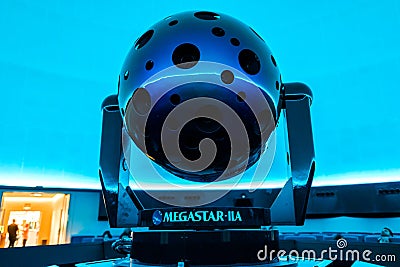 Madrid, Spain - August 25, 2019: Projector for planetariums MEGASTAR-IIA model of Japanese manufacture Editorial Stock Photo