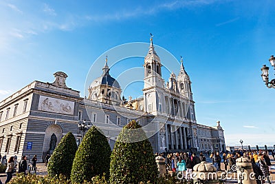 Facade of the Almudena Cathedral in Madrid Downtown - Spain Editorial Stock Photo