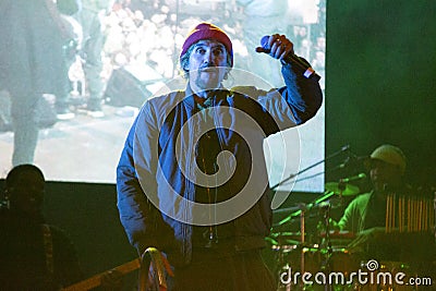 MADRID, SPAIN - DECEMBER 7, 2019: Demonstration March Against the Climate. The singer Daniel Carbonell known as Macaco Editorial Stock Photo