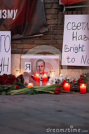 Vigil for Navalny in front of Russian Embassy in Madrid. Protest in memory of Navalny. Editorial Stock Photo
