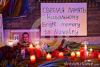 Vigil for Navalny in front of Russian Embassy in Madrid. Protest in memory of Navalny. Editorial Stock Photo
