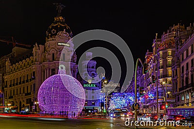 Illuminated Gran Via in Madrid for the holiday season with amazing light shows Editorial Stock Photo