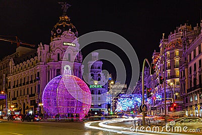 Illuminated Gran Via in Madrid for the holiday season with amazing light shows Editorial Stock Photo