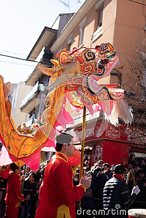 Madrid Spain. January 22, 2023 Chinese new year parade 2023. Year of the water rabbit Editorial Stock Photo