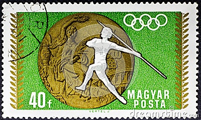19th Summer Olympics, Mexico City in 1968, Olympic Medal and Women`s Javelin Editorial Stock Photo