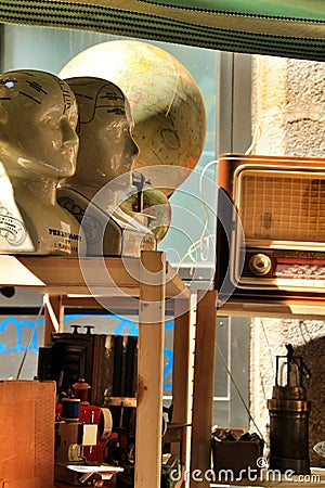 Antique stalls in the streets of The letters district in Madrid Editorial Stock Photo