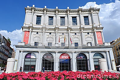 Madrid, Spain - June 4, 2021: front entrance to National opera theatre in the sunny day Editorial Stock Photo