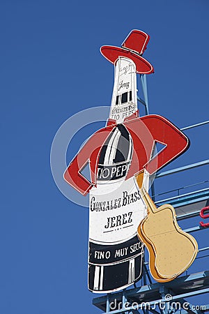 MADRID, SPAIN - MARCH 16, 2016: Detail of the iconic sign of the Spanish wine cellars Tio Pepe Editorial Stock Photo
