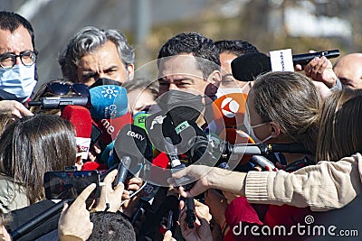 Juan Manuel Moreno, President of the Junta de AndalucÃ­a at a press conference, in Spain. Spanish politician of the Popular Party Editorial Stock Photo