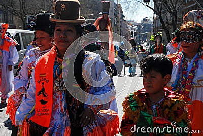 Madrid, Spain, March 2nd 2019: Carnival parade, Bolivian group dancers with traditional costume performing Editorial Stock Photo