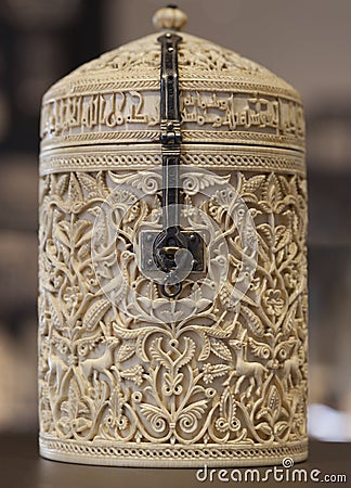 Zamora jar. Antique ivory box made during Arabic Middle Age rule in Spain Editorial Stock Photo