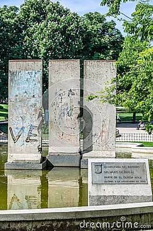 Berlin Park in Madrid, Spain. View of a fountain with original remains of the Berlin Wall Editorial Stock Photo