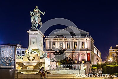 The Monument to Felipe IV by Pietro Tacca and The Teatro Real (Royal Theatre), Madrid, Spain, night view Editorial Stock Photo