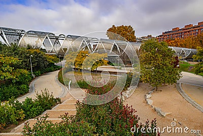 MADRID, SPAIN - November 17, 2023: Arganzuela Bridge in Madrid Rio Park, Designed by Dominique Perrault Stock Photo