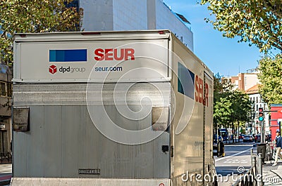 Van of the freight transport company SEUR in Madrid, Spain Editorial Stock Photo