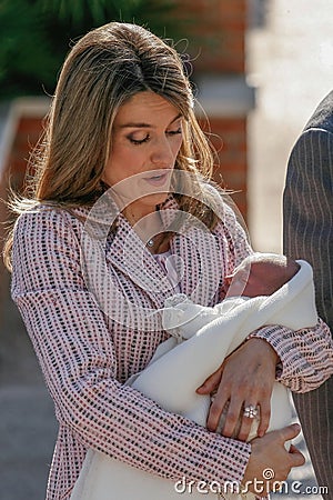 Madrid, Spain- Queen Letizia with the newborn Infanta Doña Sofia. Editorial Stock Photo
