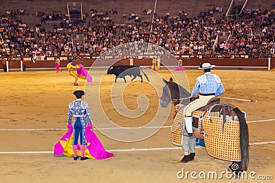 MADRID, SPAIN - SEPTEMBER 18: Matador and bull in bullfight on S Editorial Stock Photo