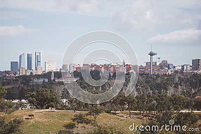 Madrid, Spain 11th March 2023. View of four Towers Business Area (Cuatro Torres) and Moncloa lighthouse in Madrid, Spain Editorial Stock Photo