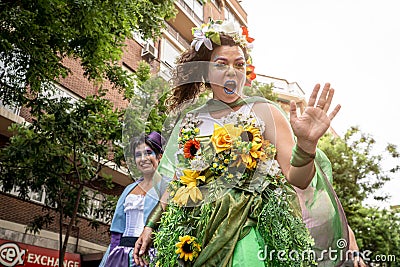 Madrid,Spain,25292022: woman on stilts and disguised as a mythological character Editorial Stock Photo
