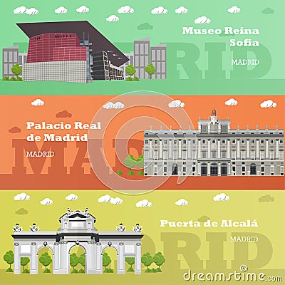 Madrid tourist landmark banners. Vector illustration with Spain famous buildings. Vector Illustration