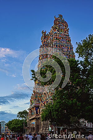 Madurai Tamil Nadu India Richly decorated and painted gopuram of sri meenakshi temple Stock Photo