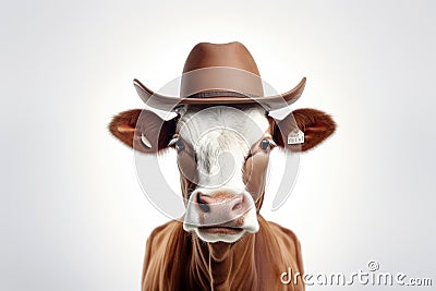 Mafia Cow or bullock farm wearing cowboy hat and sunglasses portrait looking at camera isolated on clear png background, funny Stock Photo