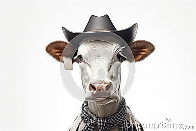 Mafia Cow or bullock farm wearing cowboy hat and sunglasses portrait looking at camera isolated on clear png background, funny Stock Photo