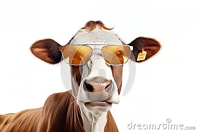 Mafia Cow or bullock farm wearing cowboy hat and sunglasses portrait looking at camera isolated on clear png background, funny Stock Photo