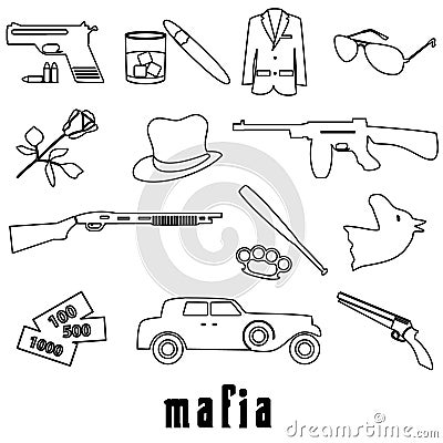 Mafia criminal black outline symbols and icons set Vector Illustration