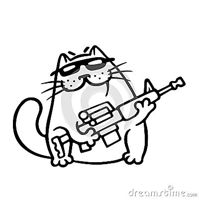 Mafia fighting cat with a submachine gun is ready for war. Vector Illustration. Vector Illustration