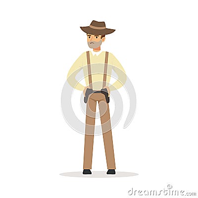 Mafia man character in brown fedora hat holding for two pistols under belt vector Illustration Vector Illustration