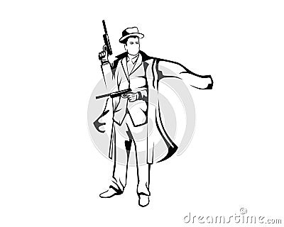 A Mafia Man`s Holding Guns Illustration with Silhouette Style Vector Illustration