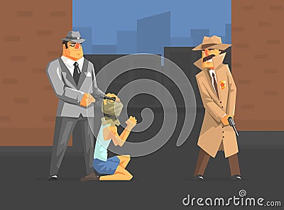 Mafia Member Threatening Hostage, Mafiosi and Detective Characters Dressed in Retro Clothes Vector Illustration Vector Illustration