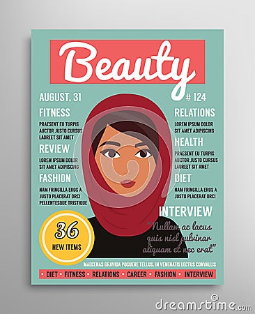 Magazine cover template about beauty, fashion and health for arab muslim women. Vector illustration Vector Illustration