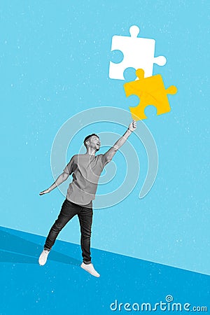 Magazine creative collage of successful worker young guy solving startup challenge join puzzle part Stock Photo