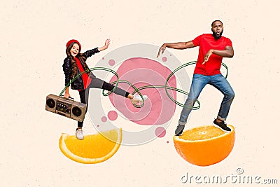 Magazine creative collage template of people guy little kid with boom box music recorder dance on mandarin summer Stock Photo