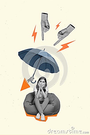 Magazine creative collage of unhappy woman sit bean chair protect from hate speech humiliation parasol Stock Photo