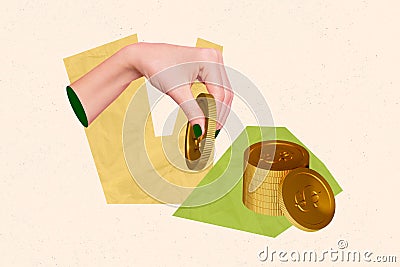 Magazine creative template collage of human hand hold golden gold coin make savings financial growth concept Stock Photo