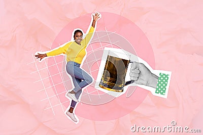 Magazine creative template collage of youth lady drink fresh high quality pub beer celebrate festive occasion Stock Photo