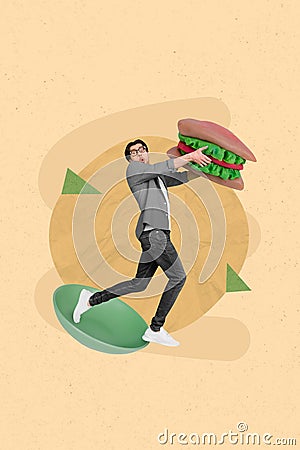 Magazine sketch picture collage artwork of crazy funky guy carry big portion tasty meat burger isolated on painting Stock Photo