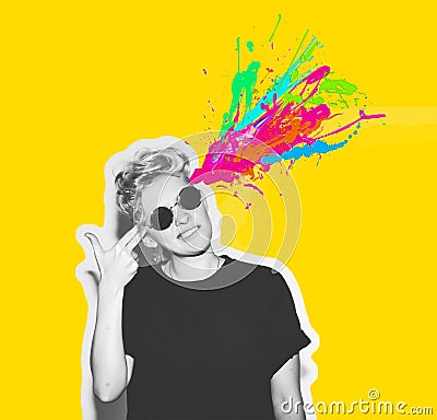 Magazine style collage headshot portrait of rocky emotional woman blow mind with finger gun gesture, brain explosion of Stock Photo