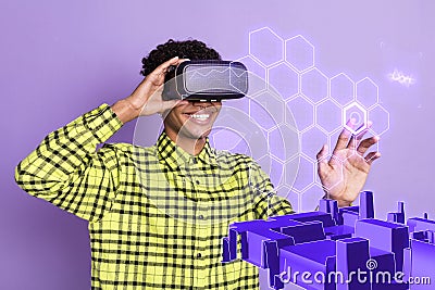 Magazine template collage of gamer player young guy wear vr goggles choose menu for building smart city strategy Stock Photo