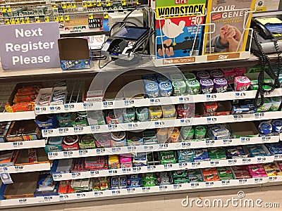 Candy counter display at cash register at todayâ€™s drug store Editorial Stock Photo