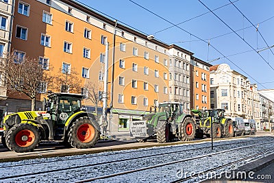 Magdeburg, Germany - 8.01.2024: Farmers union protest strike against government Policy. Tractors vehicles blocks city Editorial Stock Photo